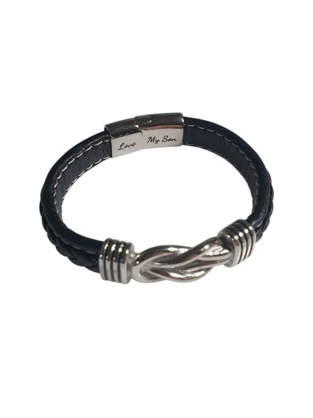 Mens Love My Son Black Leather Bracelet Silver Metal Infinity Knot Slide Clasp